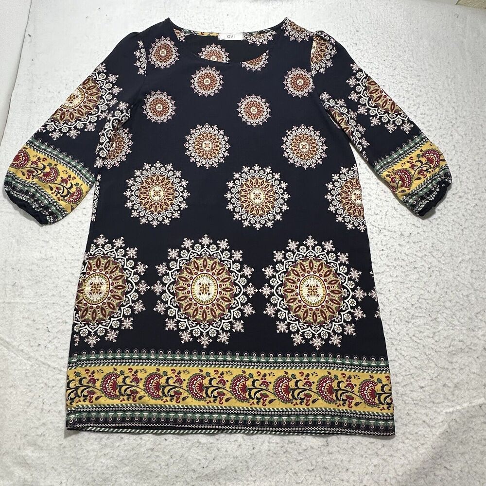 OVI Women's Medium 3/4 Sleeve Boho Navy Blue Yellow Batik Print Tunic Dress